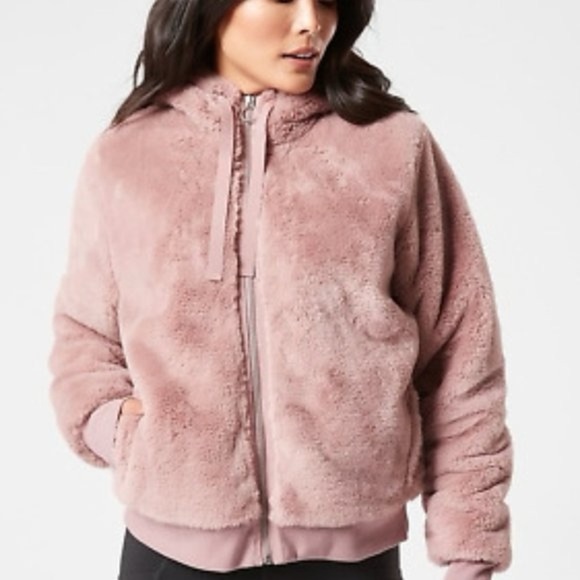 Athleta Ritual Jacket Winter Coat Hooded Full Zip Longsleeve Mauve Faux Fur M - Picture 1 of 14
